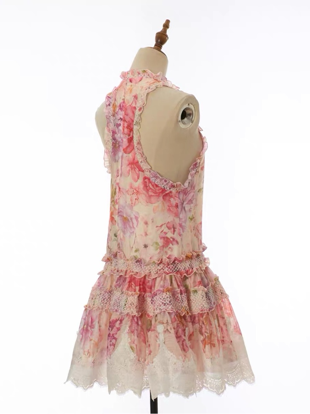 Designer-style Floral Pink Ruffled Halter Dress - Picture 4 of 15